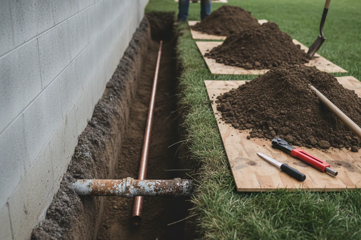 Excavated water line trench during Sewer Line Repair in Clinton Corners